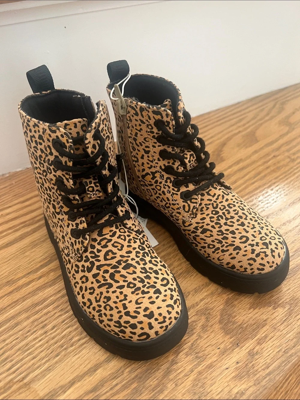Zara Girls Leopard Print Lace-Up Boots - Tan/Black